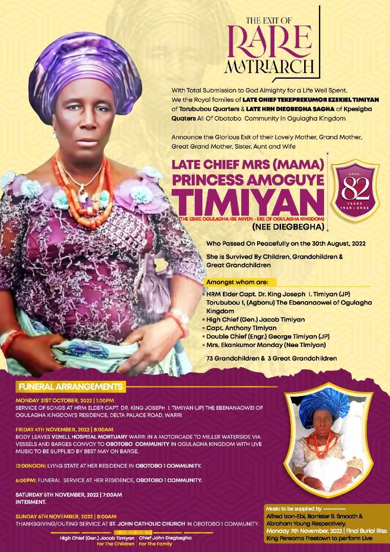 Ijaw nation across the world sets to pay last respect to Mama Timiyan in Ogulagha Kingdom 